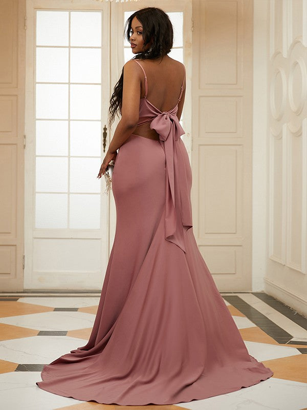 Sheath/Column NS Woven Satin Ruched Spaghetti Straps Sleeveless Sweep/Brush Train Dresses