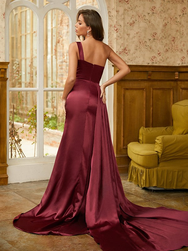 Sheath/Column Woven Satin Sequin One-Shoulder Sleeveless Sweep/Brush Train Dresses