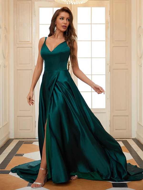 A-Line/Princess Woven Satin Ruffles V-neck Sleeveless Court Train Dresses
