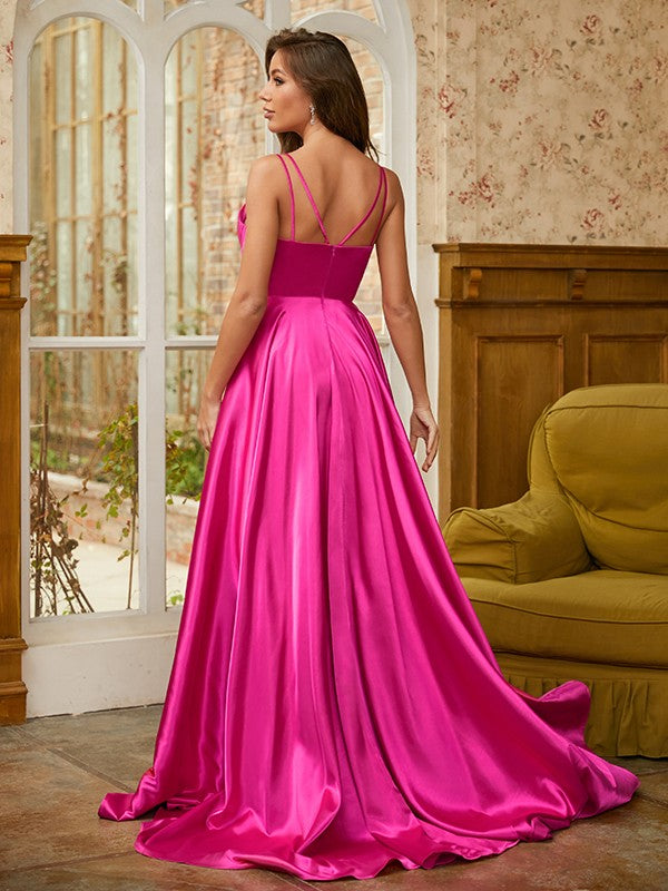 A-Line/Princess Woven Satin Ruched V-neck Sleeveless Sweep/Brush Train Dresses