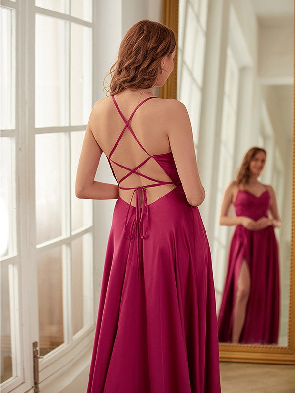 A-Line/Princess NS Woven Satin Ruched V-neck Sleeveless Sweep/Brush Train Dresses