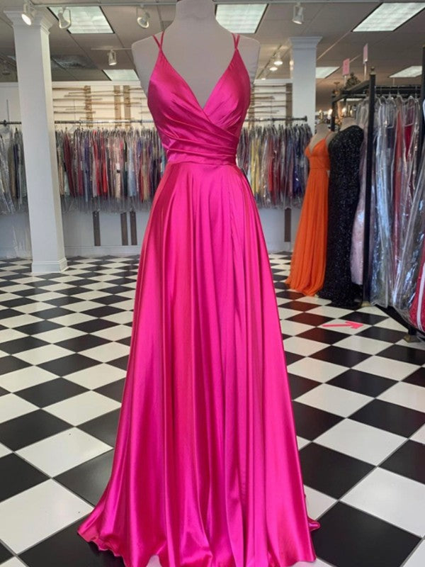 A-Line/Princess Woven Satin Ruffles V-neck Sleeveless Sweep/Brush Train Dresses