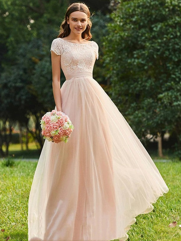 A-Line/Princess Tulle Lace Scoop Short Sleeves Floor-Length Bridesmaid – LD  Dress