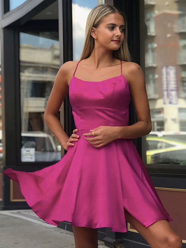 A-Line/Princess Woven Satin Ruffles Spaghetti Straps Sleeveless Short/Mini Dresses