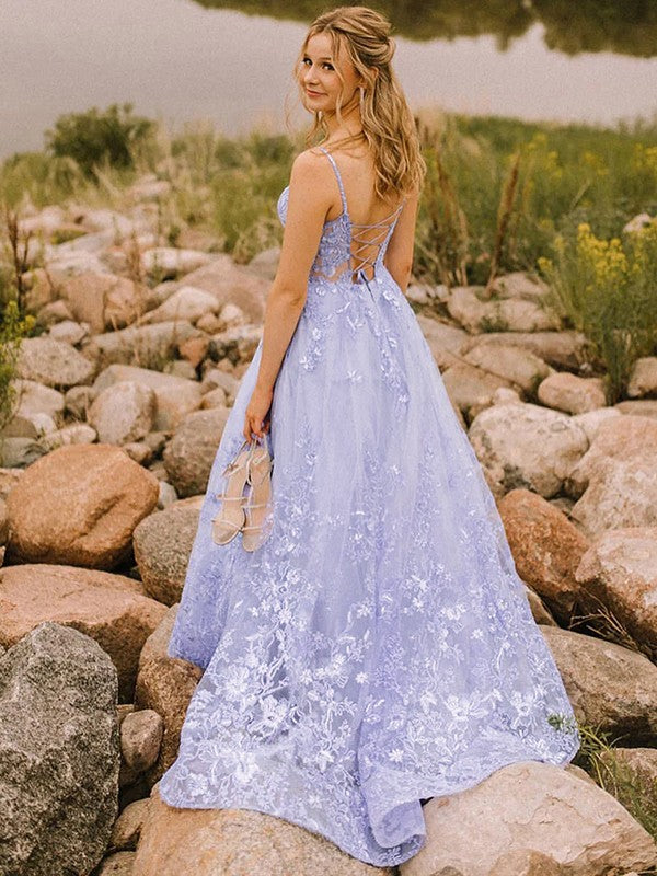 A-Line/Princess Tulle Applique Spaghetti Straps Sleeveless Sweep/Brush Train Dresses