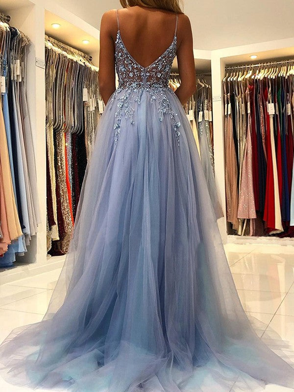 A-Line/Princess Tulle Applique V-neck Sleeveless Sweep/Brush Train Dresses