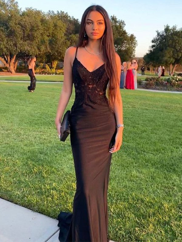 Sheath/Column Woven Satin Applique V-neck Sleeveless Sweep/Brush Train Dresses