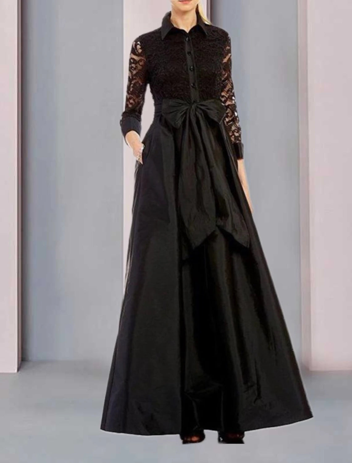 A-Line Mother of the Bride Dress Formal Wedding Guest Party Elegant Shirt Collar Ankle Length Lace Taffeta 3/4 Length Sleeve with Bow(s) Appliques
