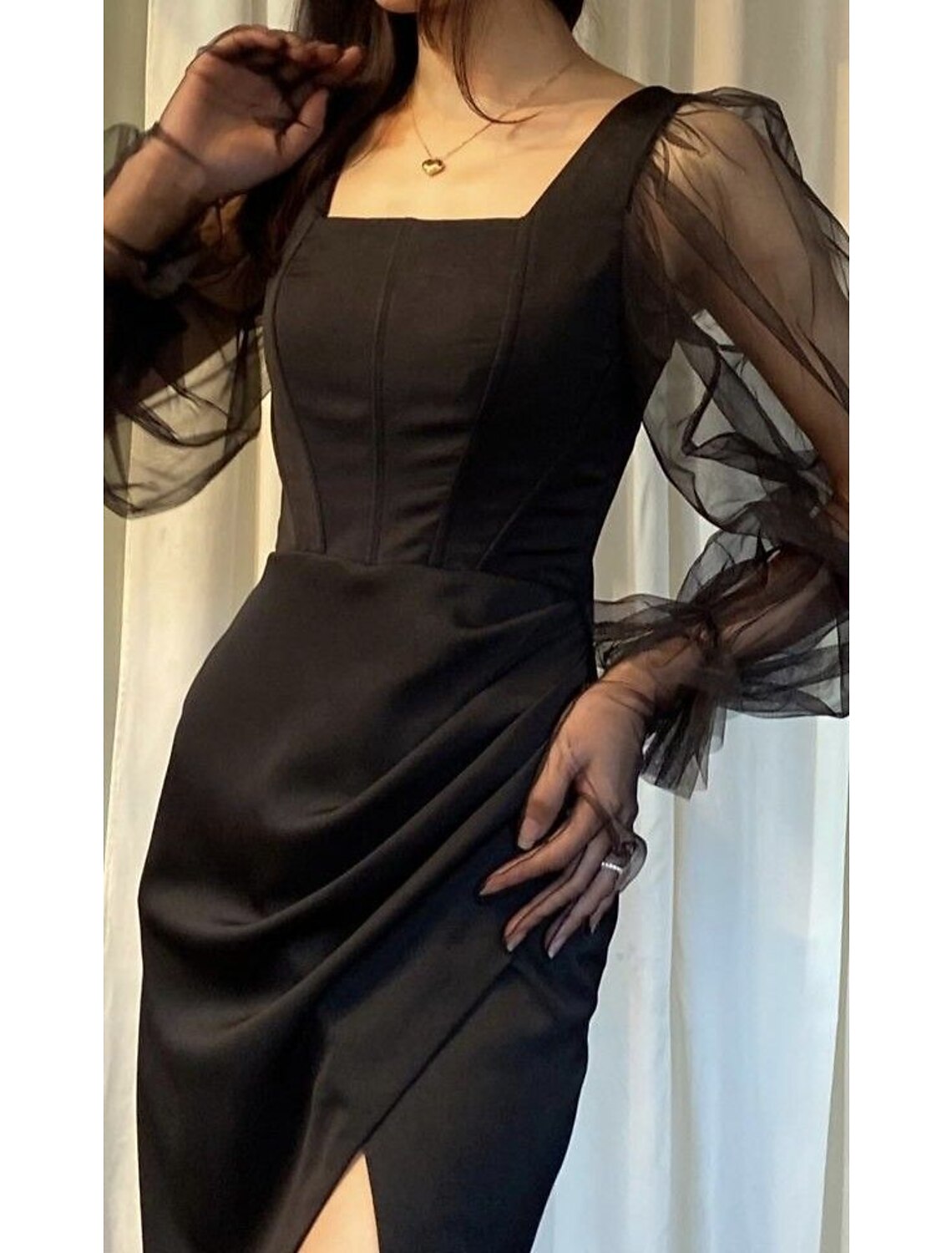 Mermaid / Trumpet Evening Gown Black Dress Dress Wedding Guest Black Tie Floor Length Long Sleeve Square Neck Stretch Fabric with Ruched Slit