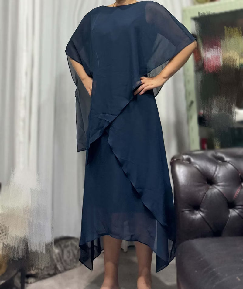 Elegant Relaxed Shift Silhouette Round Neck Cape Sleeve Closed Back Midi Mother of the Bride Dress