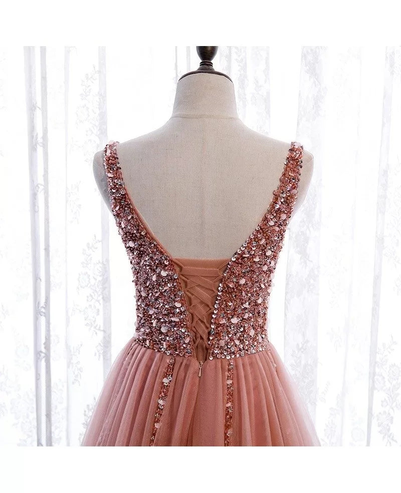 High end pink deep V-neck sleeveless beaded sequin ball dress with pink A-line/princess slit front to ground/long ruffled edge backless evening dress