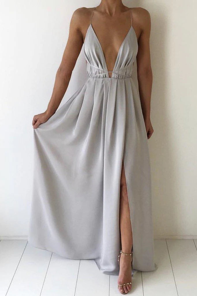Sexy V-neck Spaghetti Strap Prom Dress With Front Split