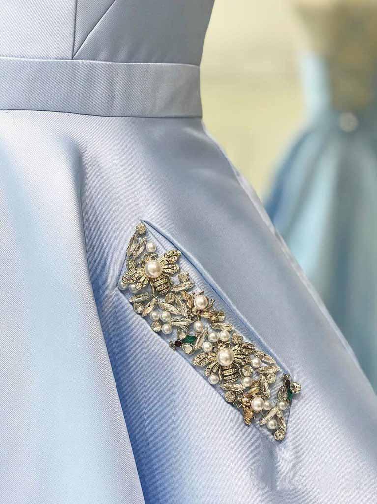 Simple V Neck Sky Blue Satin Long Prom Dresses with Pocket