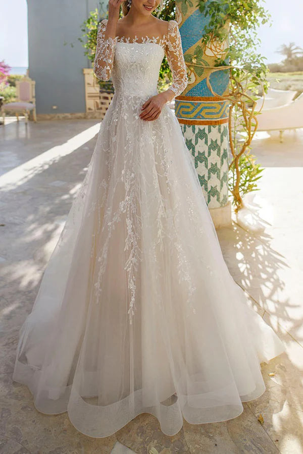 Line illusion neckline long sleeved lace trailing wedding dress LD Dress Line illusion neckline long sleeved lace trailing wedding dress LD Dress