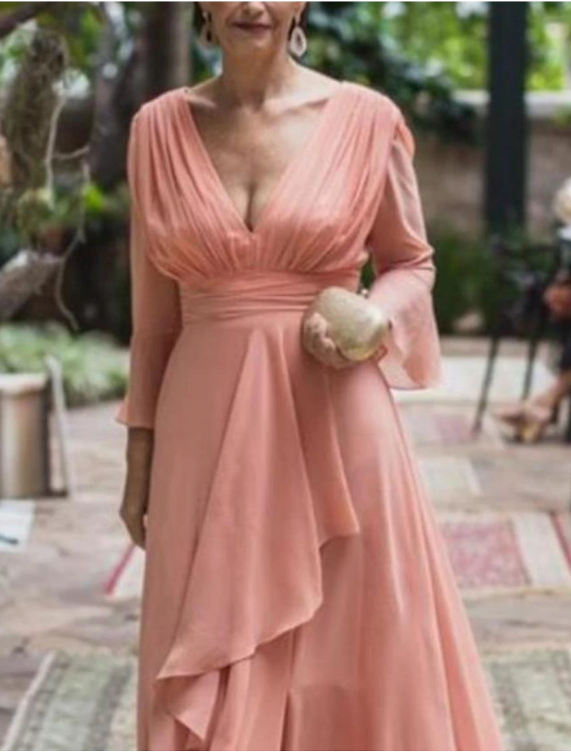 A-Line Mother of the Bride Dress Formal Wedding Guest Elegant V Neck Floor Length Chiffon 3/4 Length Sleeve with Pleats Ruffles