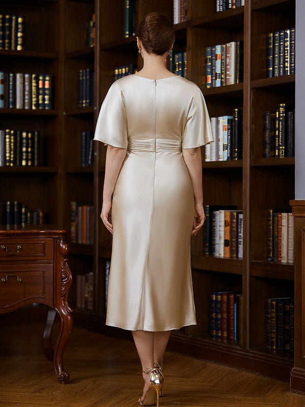 Sheath/Column Woven Satin Ruched Scoop Short Sleeves Tea-Length Mother of the Bride Dresses