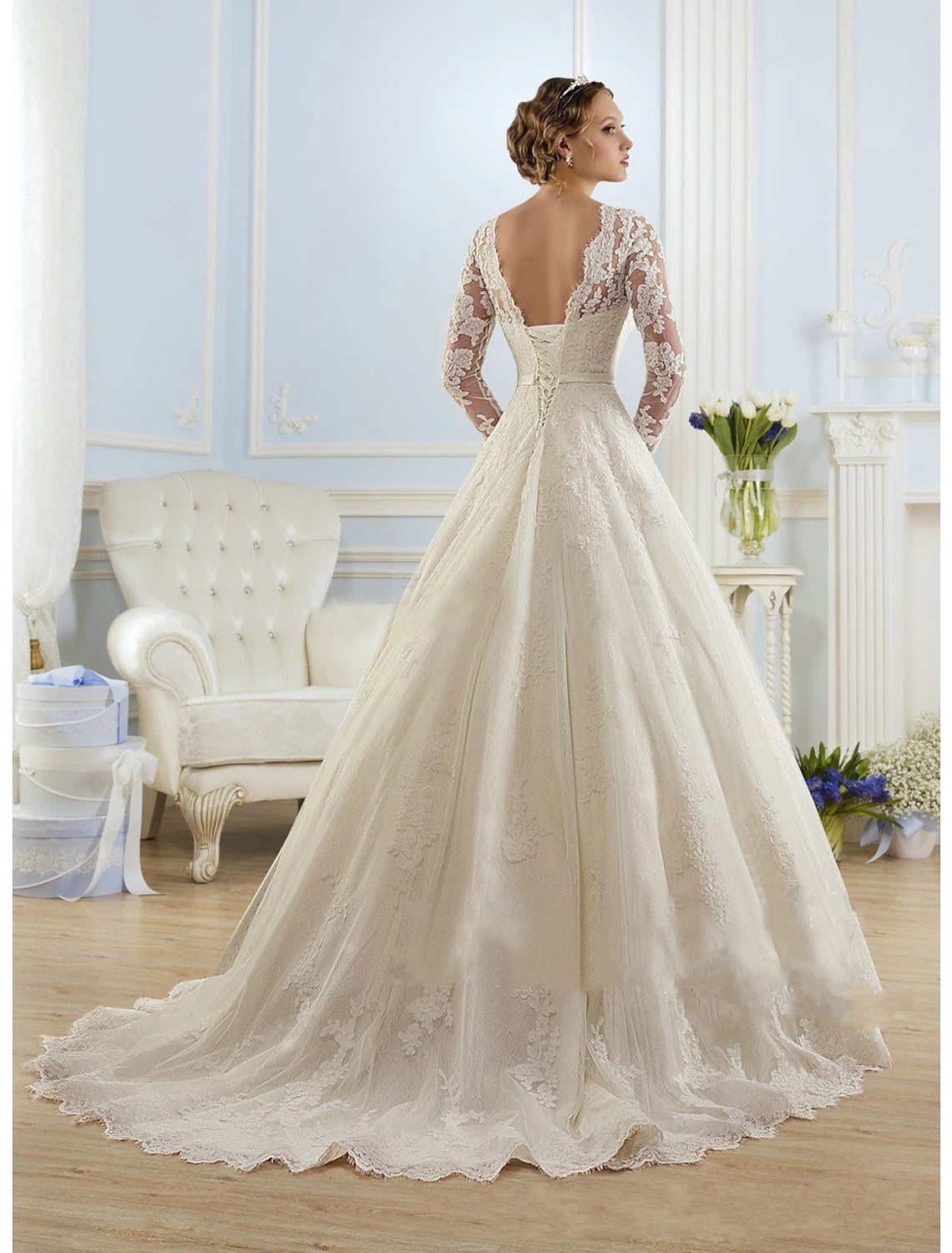 Engagement Formal Fall Wedding Dresses Ball Gown Illusion Neck Long Sleeve Court Train Lace Church Bridal Gowns With Appliques Summer Wedding Party, Women‘s Clothing