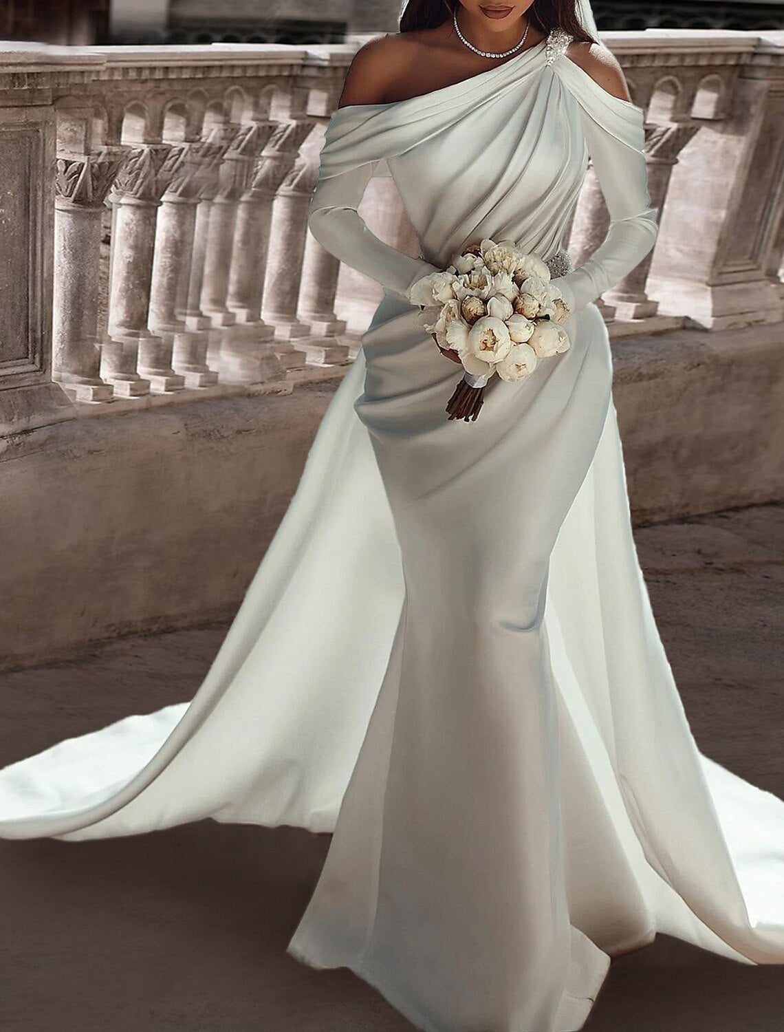 fitted lace wedding dress Long Sequin Formal Dress with One Long Sleeve Ivory / 14 main image 1
