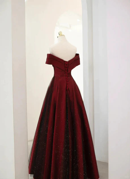 Elegant A-line off shoulder wine red sheer long party dress, wine red and black backless prom dress