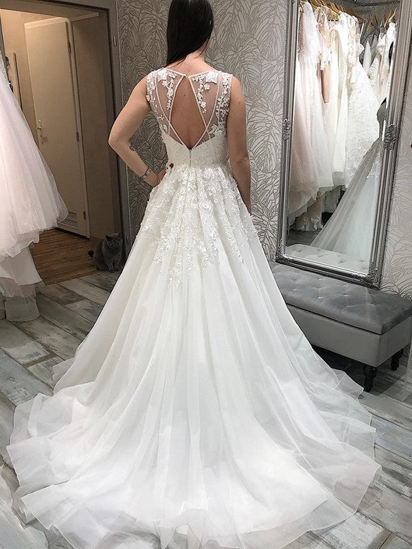 A-line Princess Tulle Applique V-neck Sleeveless and Floor Length Wedding Dress