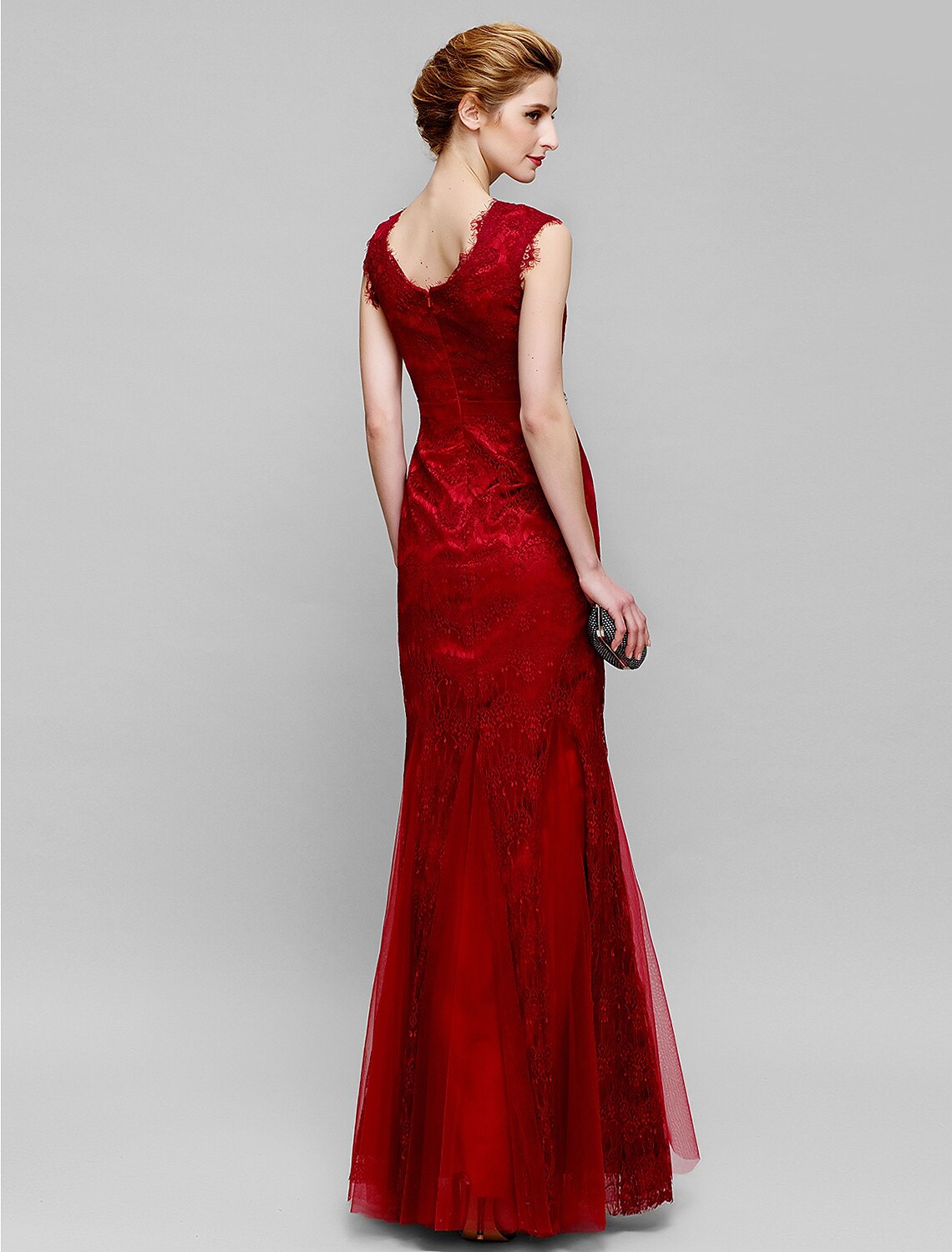 Mermaid / Trumpet Mother of the Bride Dress Jewel Neck Ankle Length Lace Tulle Sleeveless No with Lace Crystals