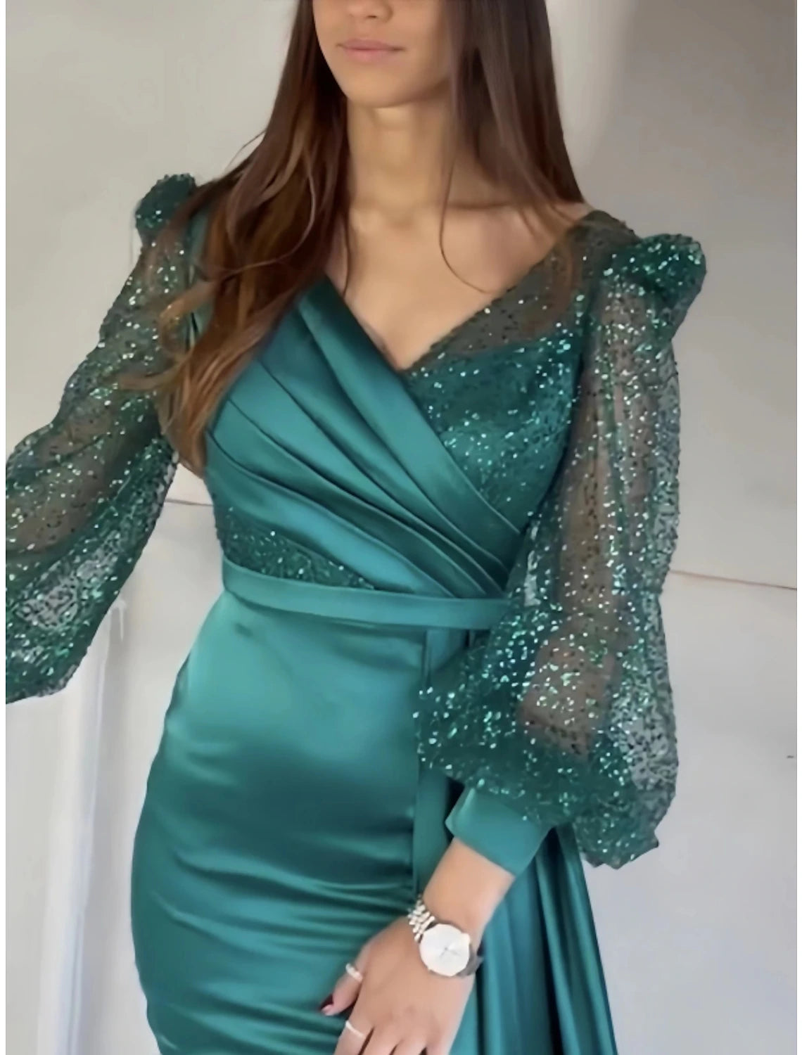 A-Line Evening Gown Elegant Dress Formal Fall Court Train Long Sleeve V Neck Satin with Glitter Pleats