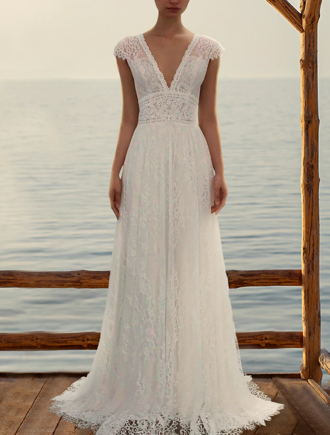 Beach Open Back Wedding Dresses A-Line V Neck Cap Sleeve Sweep / Brush Train Lace Bridal Gowns With Appliques