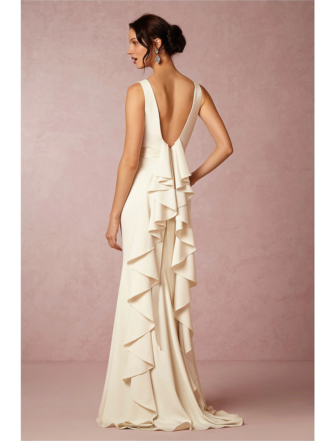 Hall Open Back Casual Wedding Dresses Sheath / Column Scoop Neck Sleeveless Sweep / Brush Train Fabric Bridal Gowns With Draping Summer Fall Wedding Party Women's Clothing