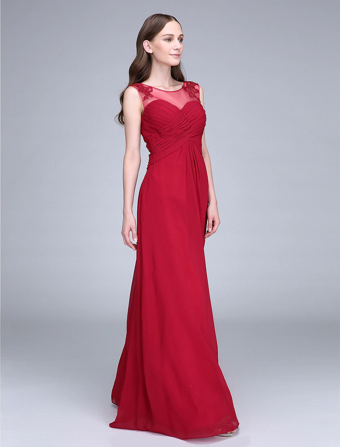 Sheath / Column Scoop Neck Floor Length Chiffon Bridesmaid Dress with Appliques / Lace Insert / Open Back