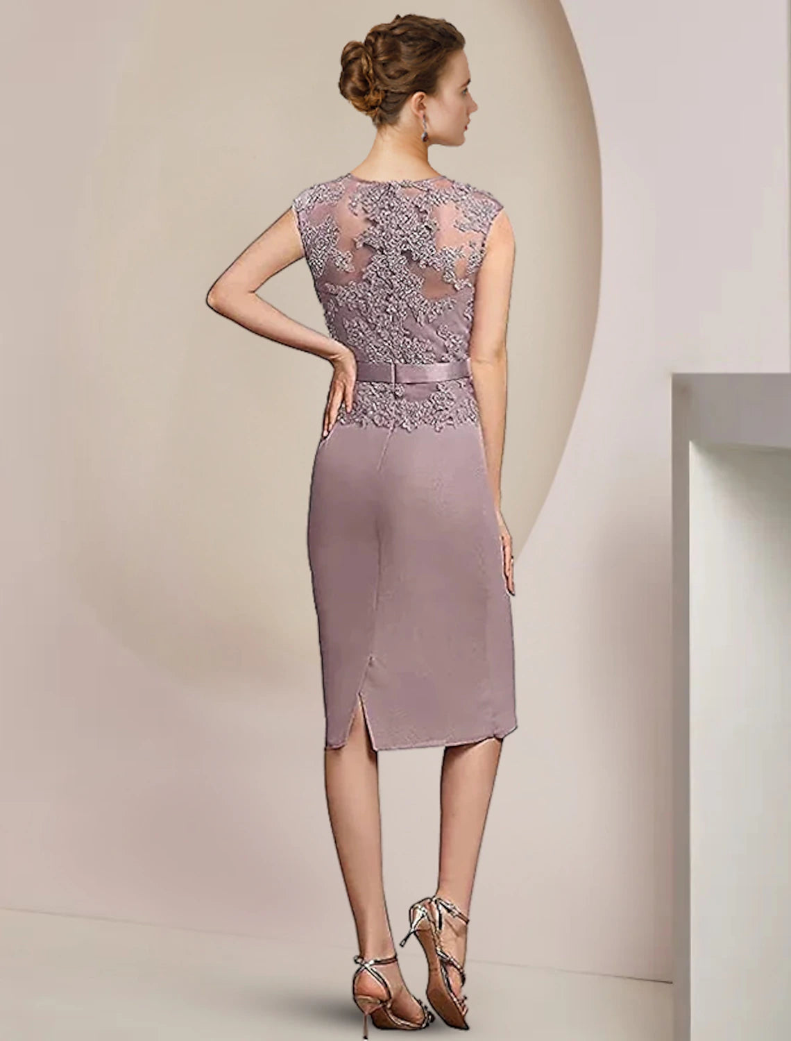Two Piece Sheath / Column Mother of the Bride Dress Formal Wedding Guest Elegant V Neck Knee Length Chiffon Lace Sleeveless Jacket Dresses with Appliques Crystal Brooch