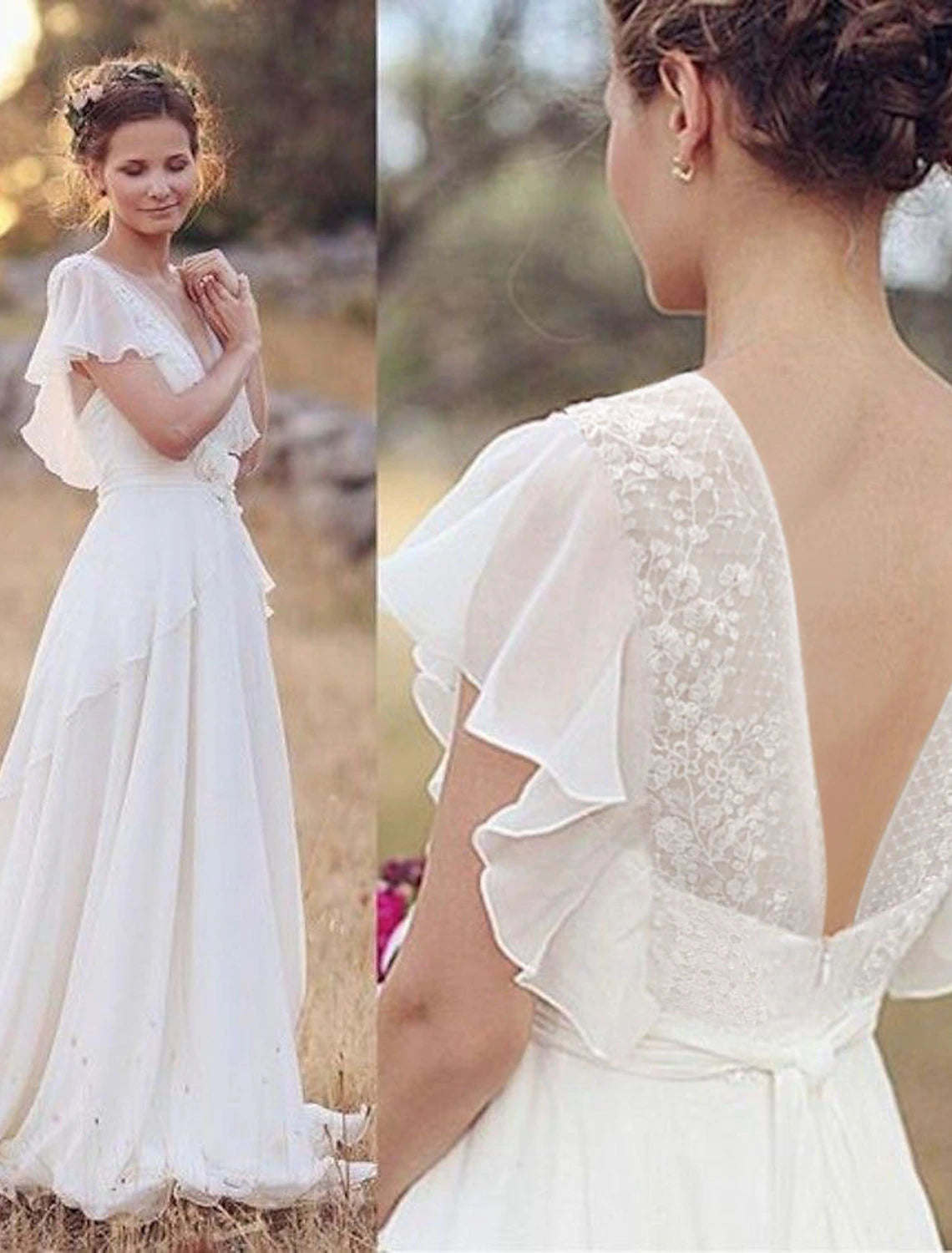Beach Boho Wedding Dresses A-Line V Neck Short Sleeve Floor Length Chiffon Bridal Gowns With Beading Appliques Summer Wedding Party, Women's Clothing