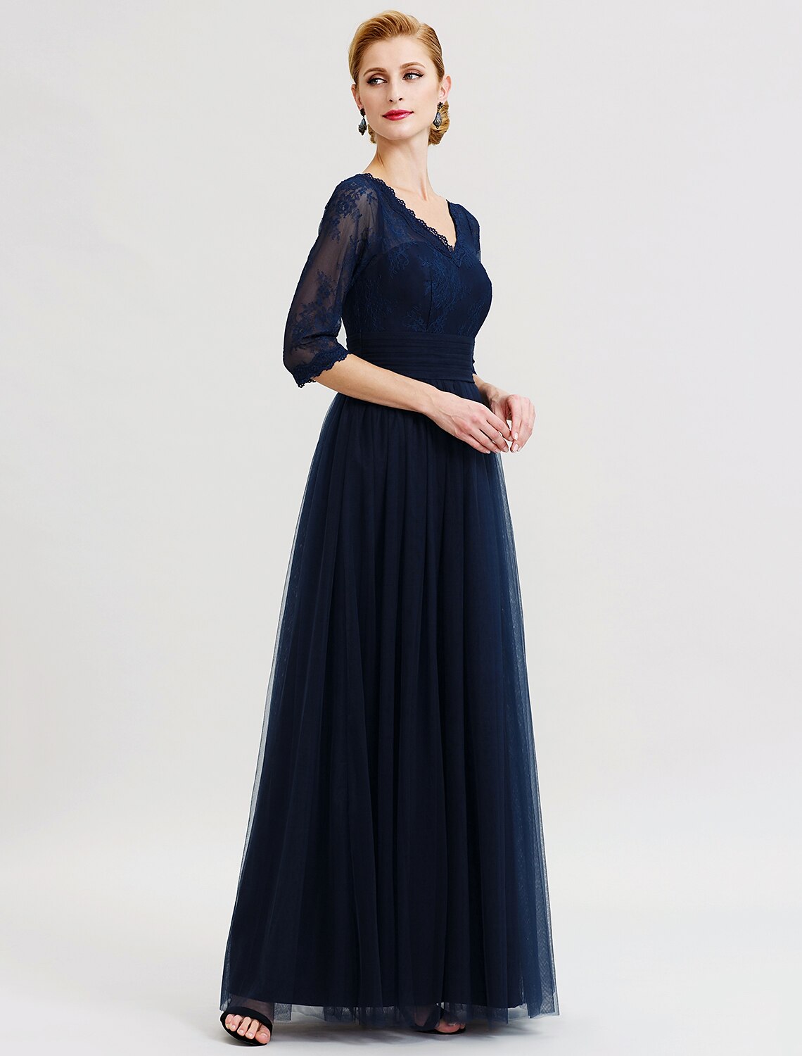 Ball Gown A-Line Mother of the Bride Dress Beautiful Back See Through V Neck Floor Length Tulle Sheer Lace 3/4 Length Sleeve with Sash / Ribbon Pleats / Illusion Sleeve