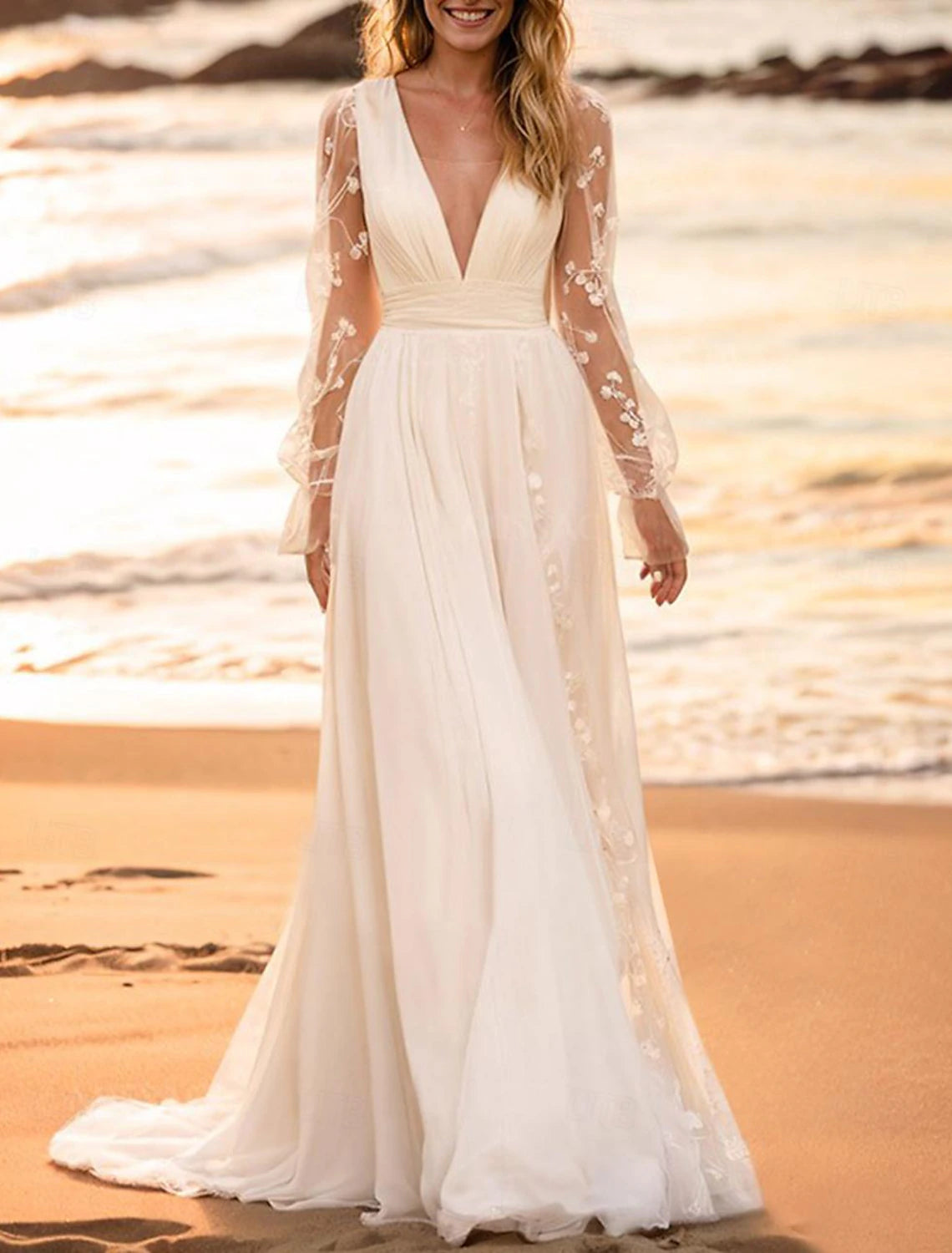 Beach Wedding Dresses A-Line V Neck Long Sleeve Floor Length Chiffon Bridal Gowns With Solid Color