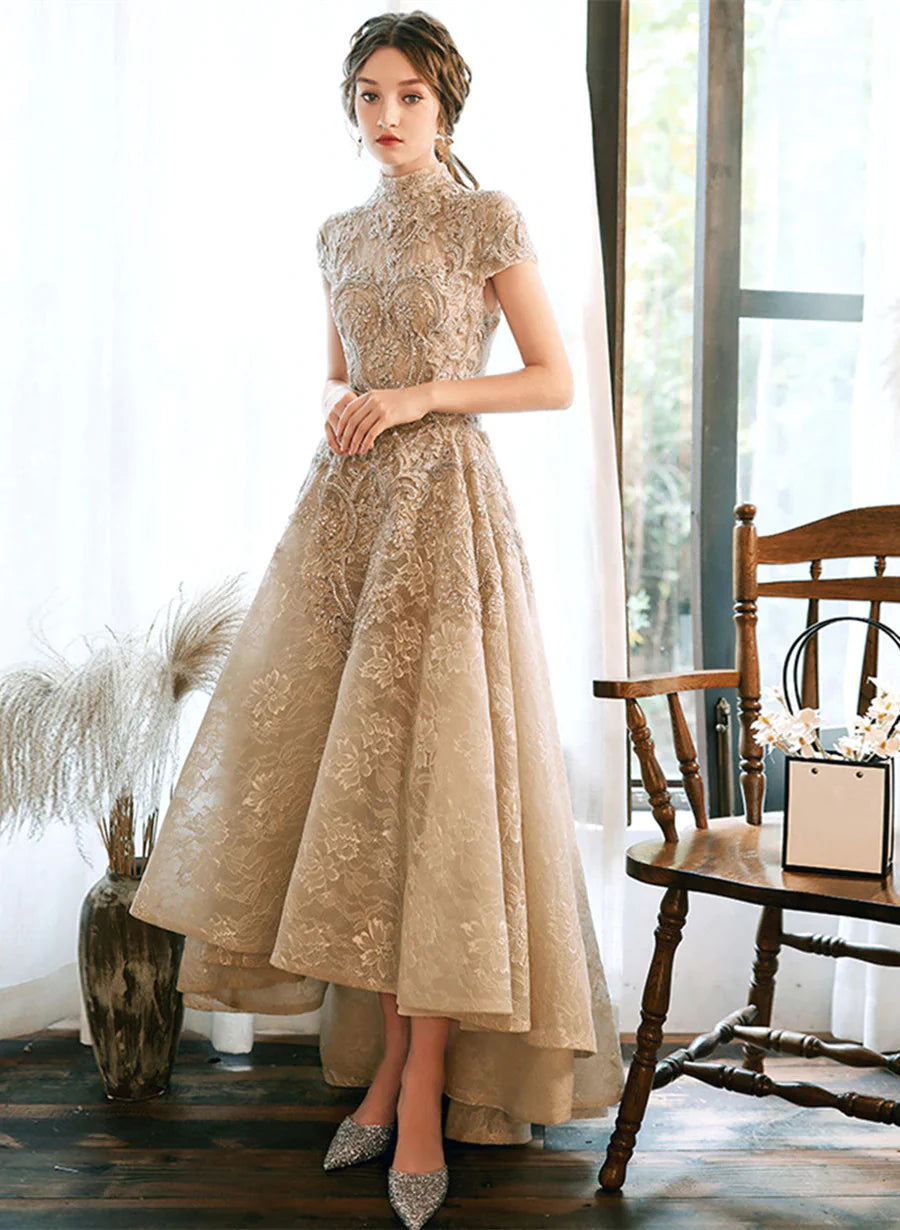 Champagne Lace High Low Short-Sleeves Prom Dress, High Low Homecoming – LD Dress