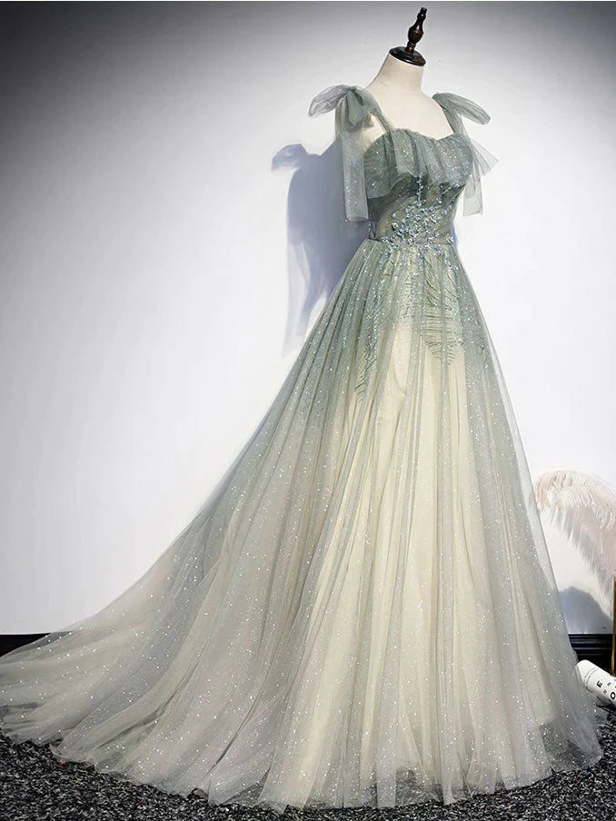 Green Tulle Straps A-line Beaded Long Prom Dress, Green Evening Party Dress