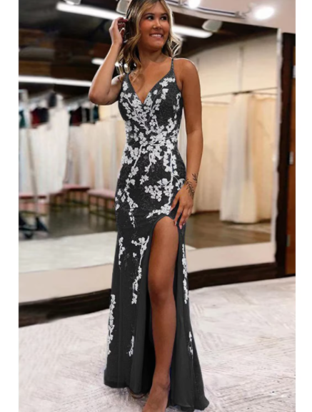 Mermaid V Neck Spaghetti Strap Lace Up Back High Slit Floral Applique Tulle Prom Dress