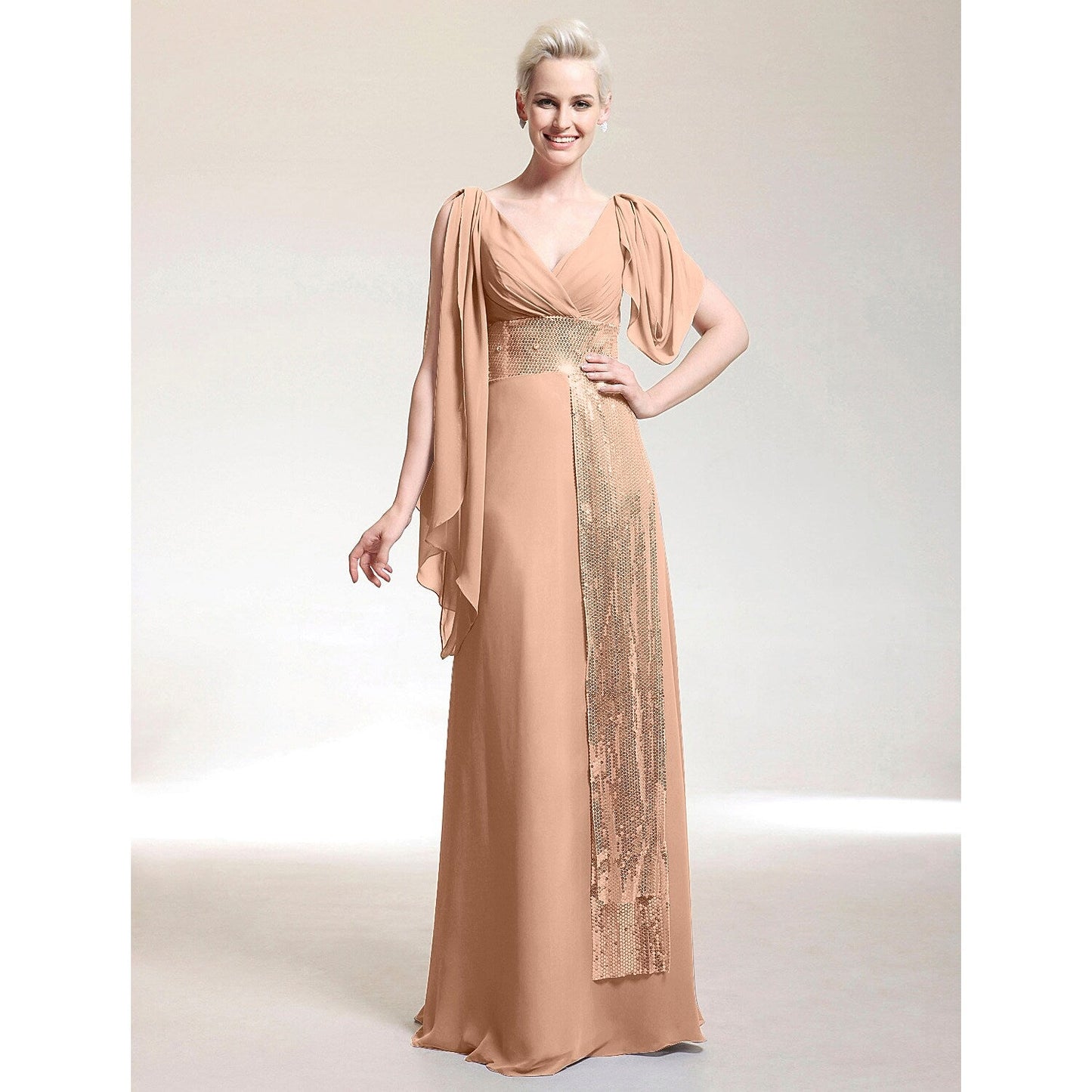 Celebrity Style Dress Formal Evening Floor Length Short Sleeve V Neck Chiffon Criss Cross Beading