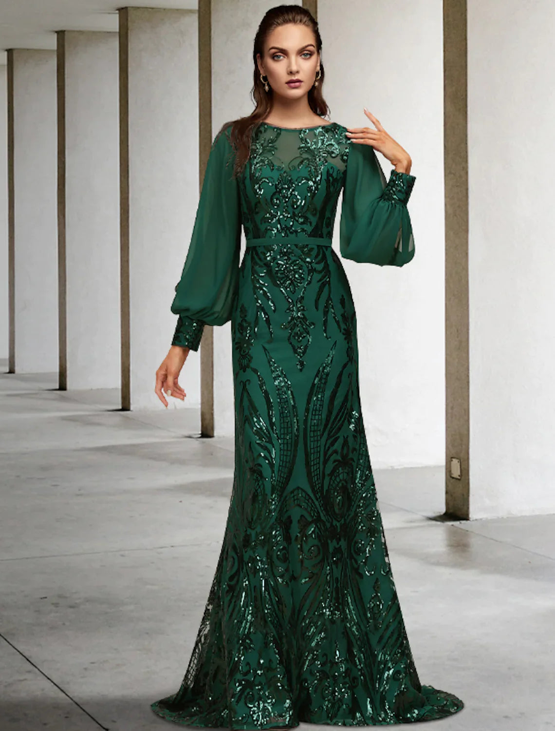 Mother of the Bride Dress Wedding Elegant Chiffon Sequined Long Sleeve  LD  Dress