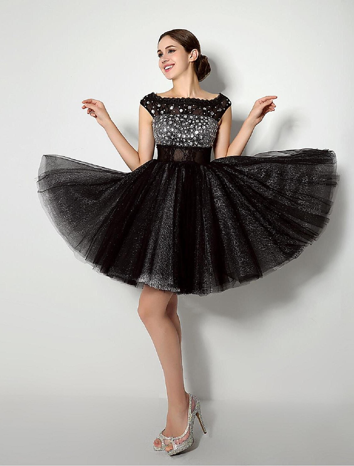 Little Black Dress Dress Party Short Mini Sleeveless Tulle Lace Sash Pleats