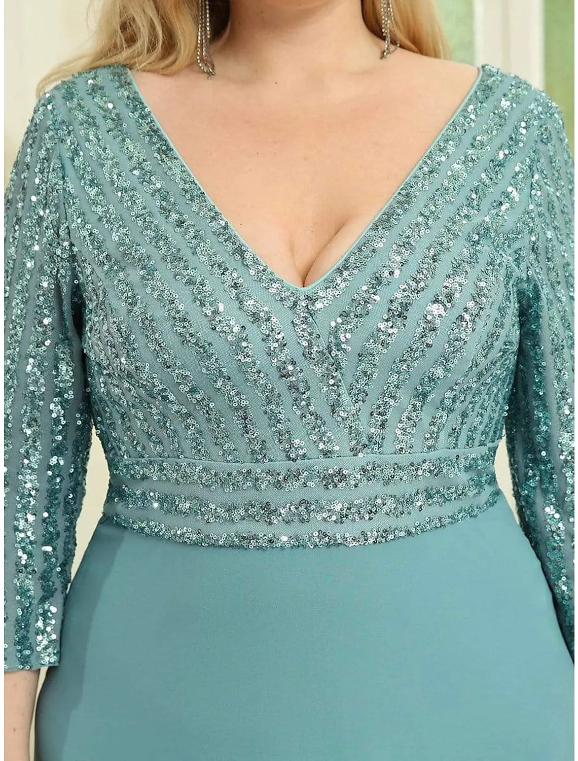 A-Line Evening Gown Plus Size Dress Wedding Guest Floor Length Length Sleeve V Neck Chiffon V Back with Sequin
