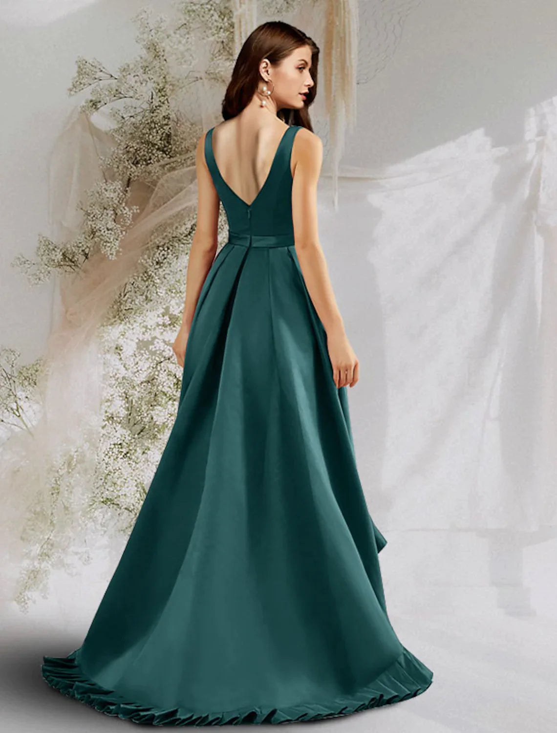 Prom Dresses Sleeveless V Neck Satin with Ruffles Pocket