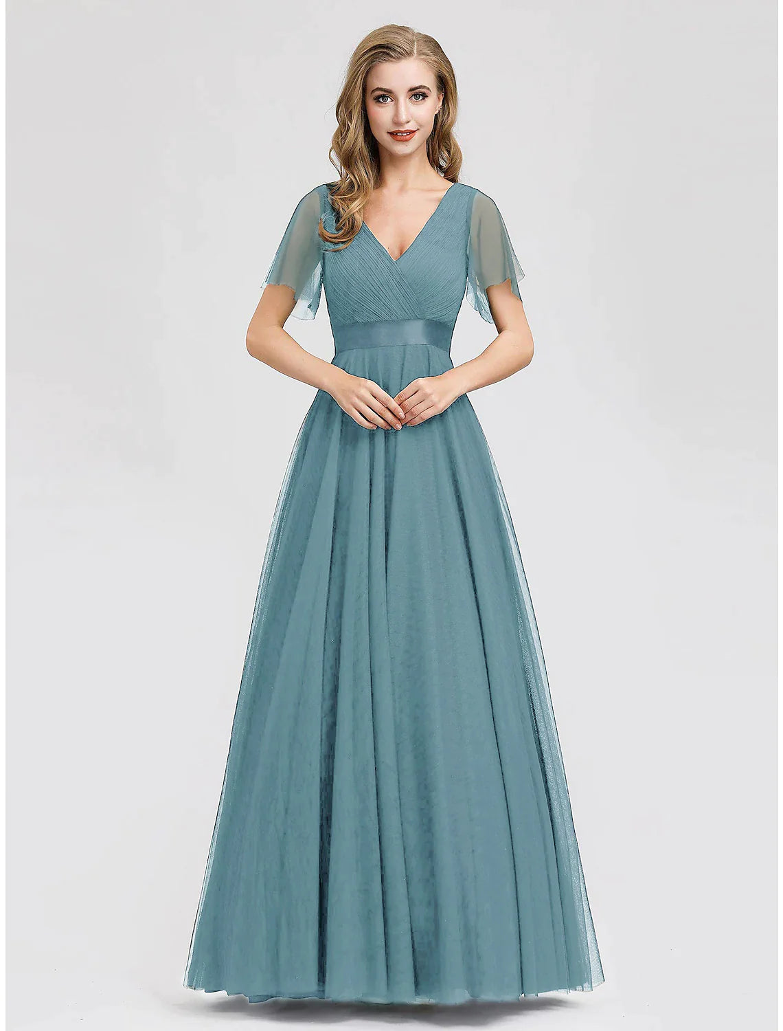 A-Line Prom Dresses Dress Graduation Floor Length Short Sleeve V Neck Chiffon V Back with Ruched Ruffles