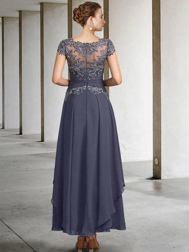 Two Piece A-Line Plus Size Curve Mother of the Bride Dress Elegant Jewel Neck Ankle Length Chiffon Lace Short Sleeve Wrap Included with Ruched Appliques