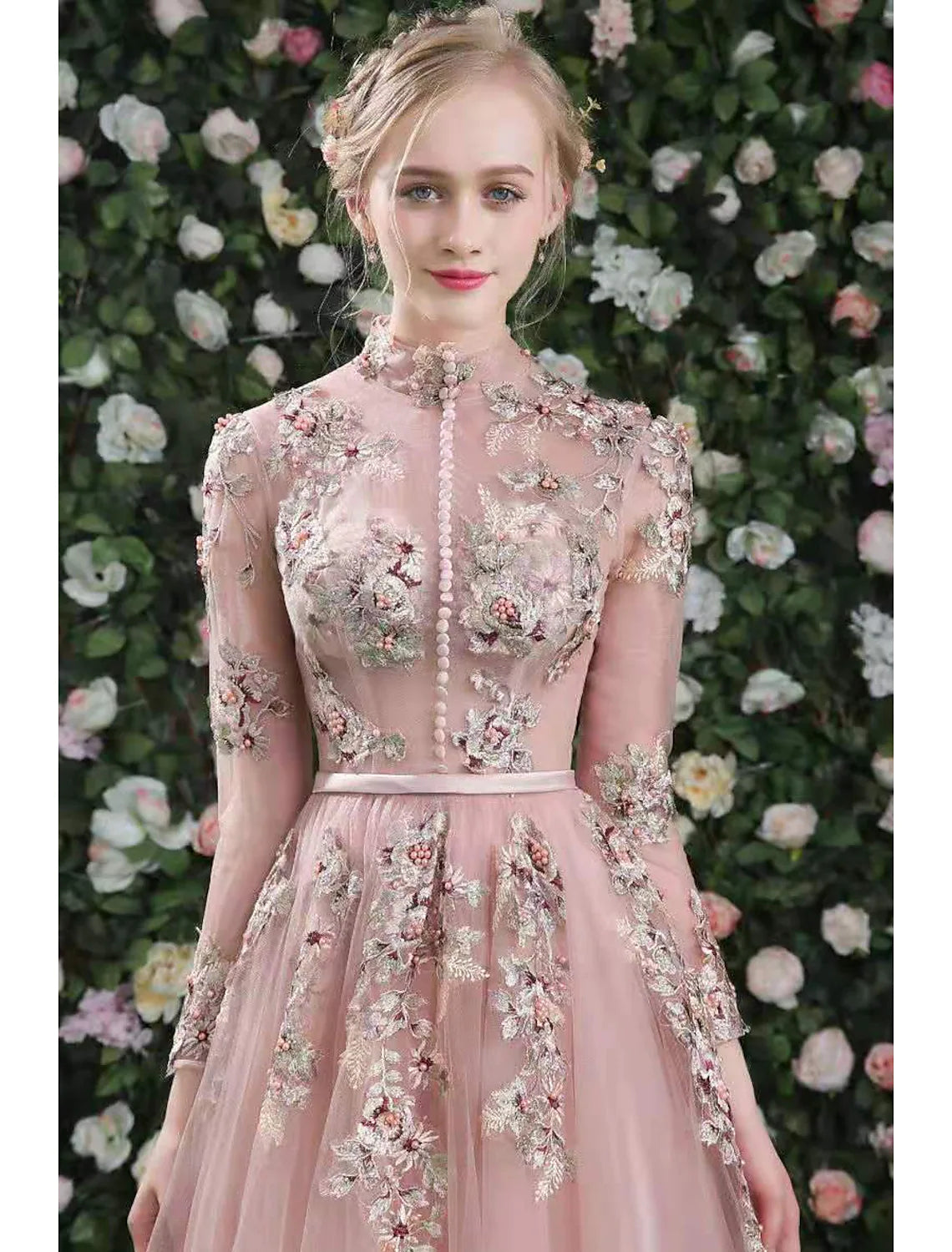 A-Line Cut Out Floral Prom Formal Evening Dress High Neck Long Sleeve Floor Length with Embroidery