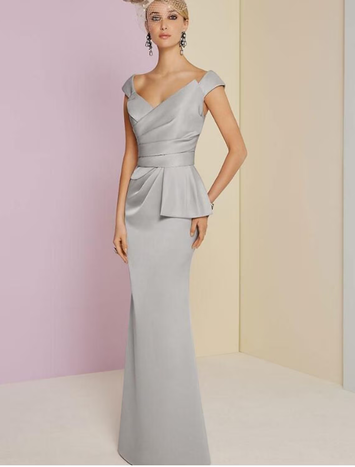 Evening Gown Elegant Dress Wedding Guest Floor Length Sleeveless Plunging Neck Satin with Ruched