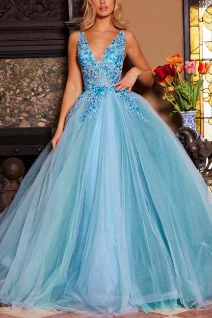 Enchanting Ball Gown V-Neck Applique Backless Floor-Length Tulle Evening Dress