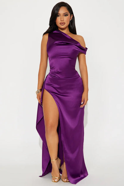 Luxury Purple Sheath Asymmetric Cowl Off Shoulder Floor Satin Evening Dress Draped High Slit Glam