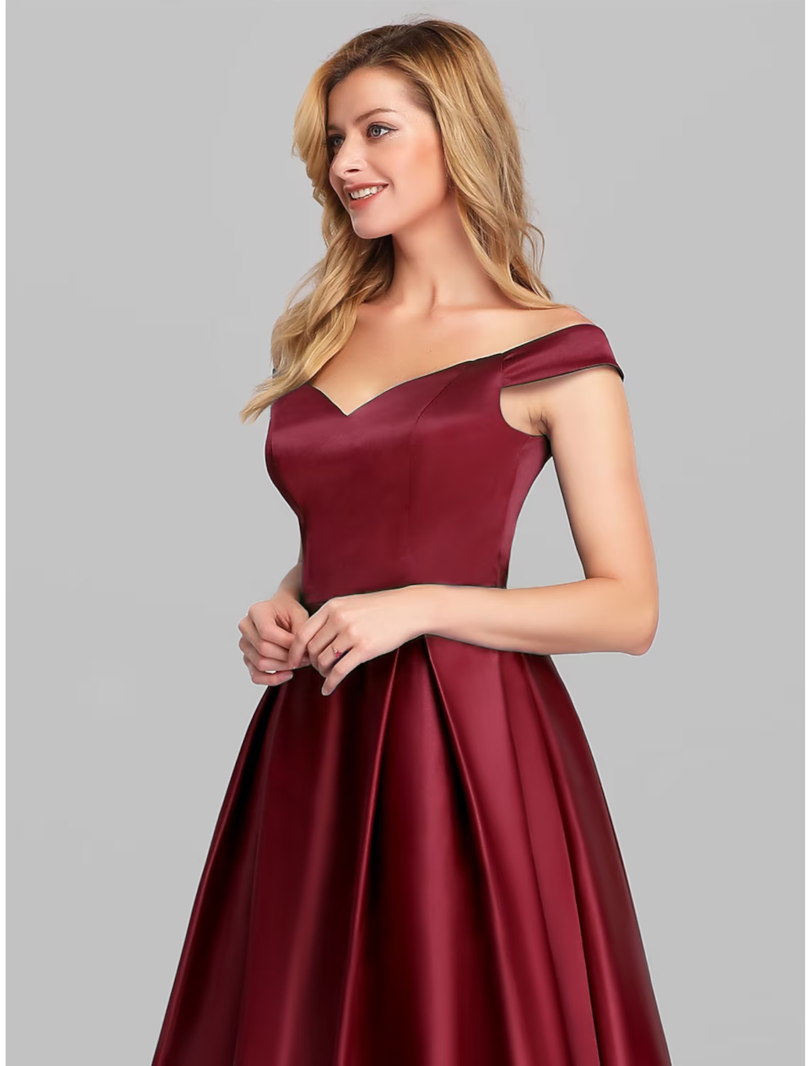 Elegant Prom Birthday Dress Off Shoulder Short Sleeve Floor Length Satin with Pleats