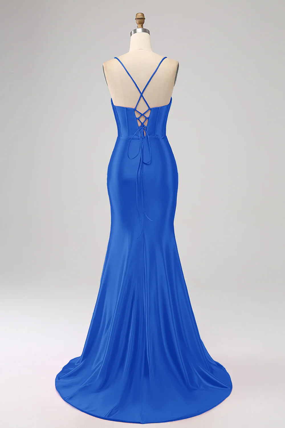 Amazing mermaid thin shoulder strap navy blue tight corset with front slit prom dress