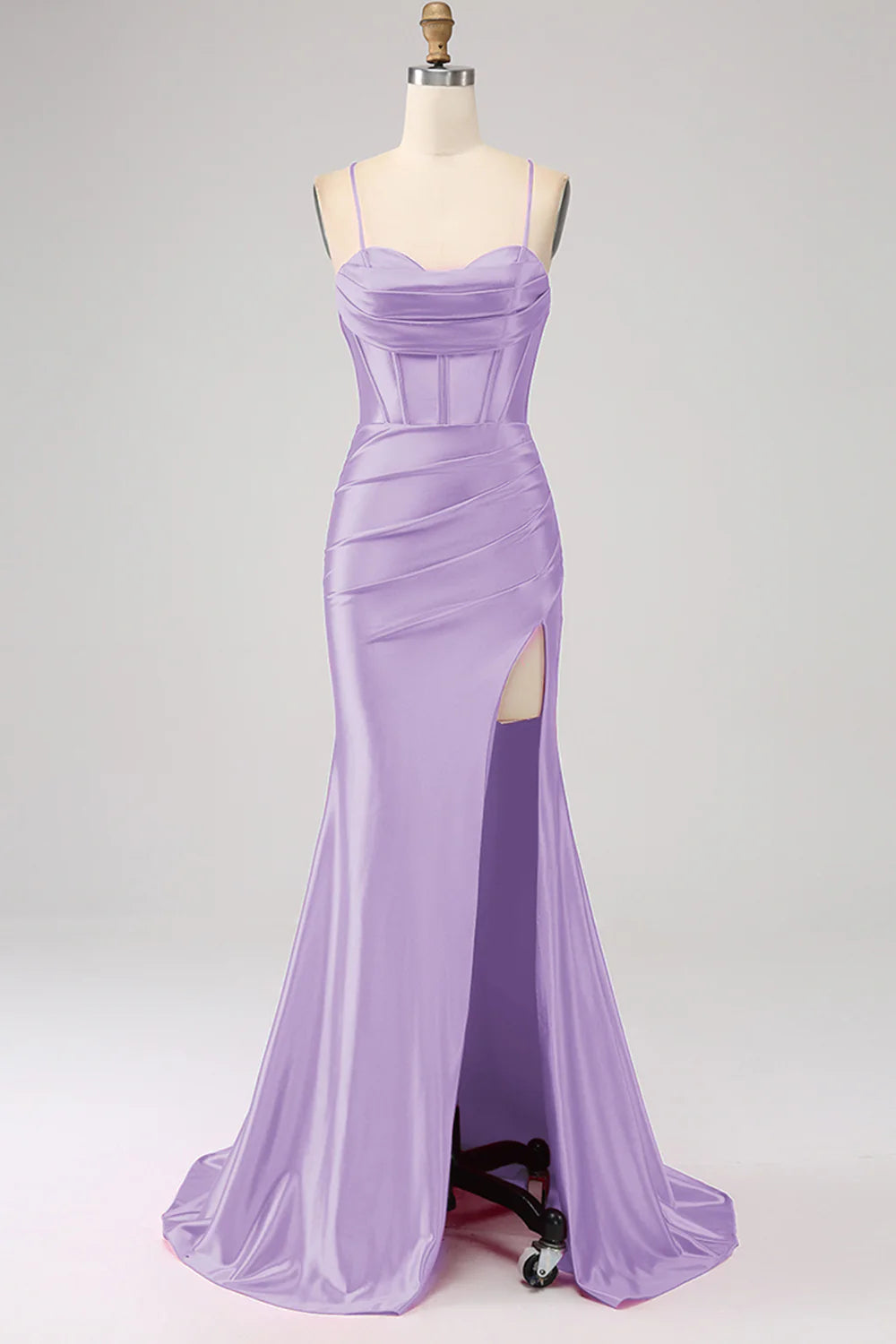 Amazing mermaid thin shoulder strap navy blue tight corset with front slit prom dress